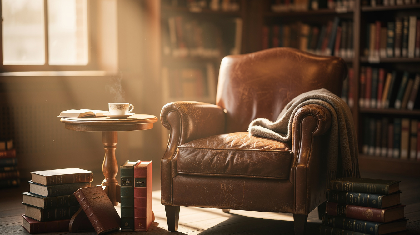 Cozy bookstore corner with reading armchair and stacked books