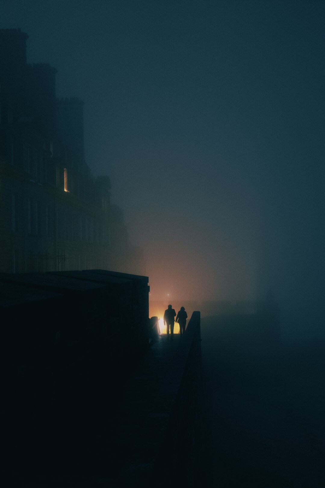 Book cover illustration of a psychological thriller with a foggy riverside city
